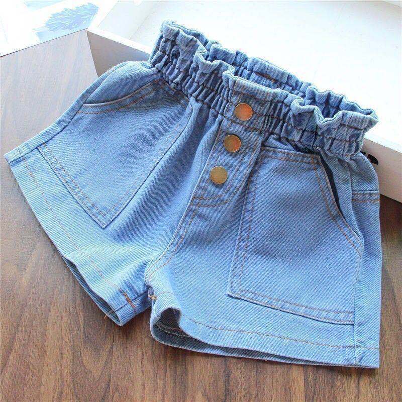 Baby Clothing Korea - شورتات جينز صيفية للفتيات بخصر مطاطي،