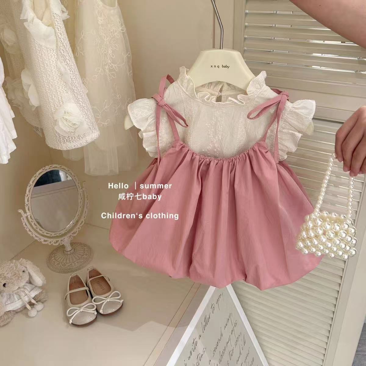 Baby Clothing Korea - طقم فستان بحمالات للفتيات الصغيرات طقم